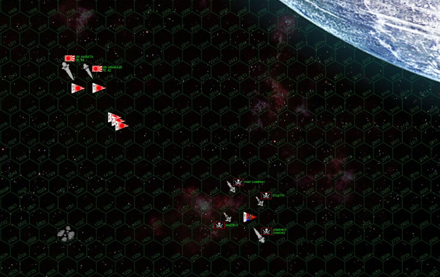 So again, here are the forces squaring off.  This is a very small battle point-wise, little more than a skirmish.  One dated Japanese destroyer (IJN Harata - Kagumo class - 34 points) and one Japanese strike frigate (IJN Urakaze - Akashi class - 21 points) and two fighters start off on the Japanese side.  On the Pirate side is a flotilla of stolen / sold / 