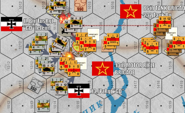 Finally, the assault in the center gets started on the town of Vll'khuvatka.  I roll in with tanks from the north (PzKpfw IVs) and south (Tigers), using the shape of the town to screen each attack from at least some of Andrew's 76.2mm antitank batteries (9-A-5).  The only unit exposed to a crossfire of both batteries are the Marders in the center, selected because, well, they're a little more expendable.  They also have a lower defense than my tanks, so I'm hoping Andrew will fire at them instead of my tanks.  Andrew doesn't entirely take the bait, however, pinning down one platoon of Marder tank destroyers but also KILLING one platoon of PzKpfw IVGs in the north.  In this attack, the 76.2mm AT battery was assisted by Soviet 37mm AA guns firing from under cover across the Orchyk River.