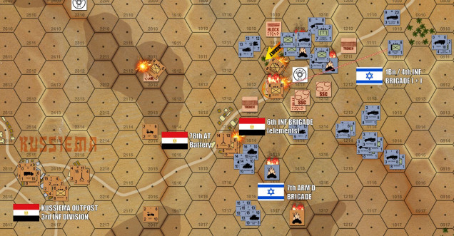 Casualties continue to mount on both sides, probably at a 3:1 ratio between the Egyptians and Israelis.  But I'm out of reserves here, and this second objective hex is about to fall.  And on top of all that, this position has also been outflanked on both wings by Israeli tanks.