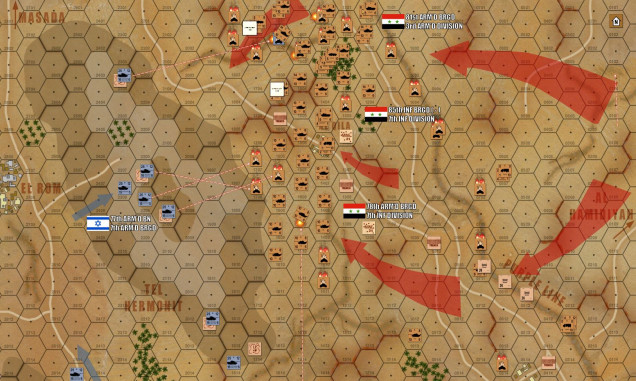 A wide-angle view of the situation at the end of Turn 4. Originally feinting to the center, 78th Armored Brigade now pivots and faces northward to join the 81st in a single titanic shove of Soviet-built steel.  There are still over 150 Syrian tanks rushing up, and the range has now closed to within 1000 meters in some places (4 hexes).