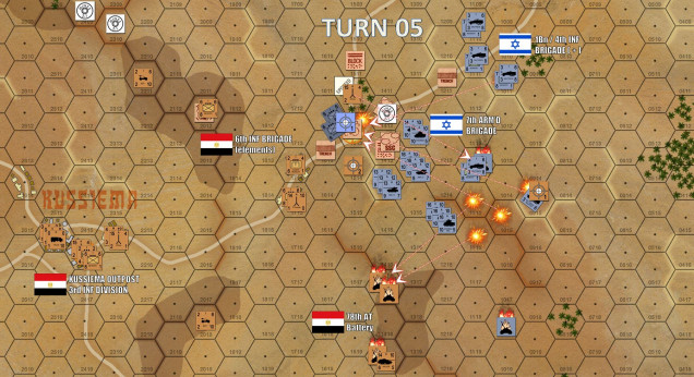 Eastern Kussiema is now badly under threat.  Israeli artillery fire is really starting to tell, Archer Ridge is now more or less smoking wreckage, and 7th Armored Brigade is now applying direct fire against the crossroads southern flank.