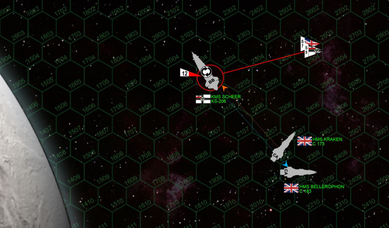 By now I’ve lost maneuvering thrusters as well, not good for a 400,000 ton battleship that only starts with 2 thrust points anyway (upgraded to 3, but still …)  Long story short, the two remaining heavy cruisers are able to cut broadsides across my stern.  But the Admiral Scheer is a BATTLESHIP, with 6-rated shields and four belts of armor on her stern.    Even taking punishment like this, she’s not going down quickly.