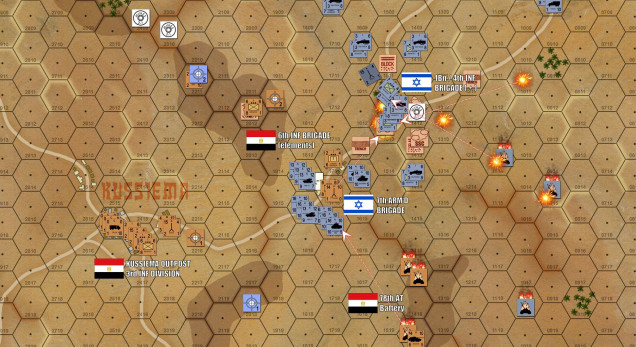 Turn 6 - The Kussiema crossroads have now fallen, although the Israeli victory (rushed) has not been bloodless at all.  The tanks have again bypassed the town once the infantry have caught up and the Egyptians have been sufficiently reduced by heavy firepower, and Israeli infantry assault can carry the victory.  The point is to already be on the next phase of your attack, thus cutting down the number of turns required by the overall process.  Among the losses have been the Israeli halftrack mortar carriers, a critical loss considering how useful this weapon is as a direct-fire weapon to engage soft targets in town hexes..