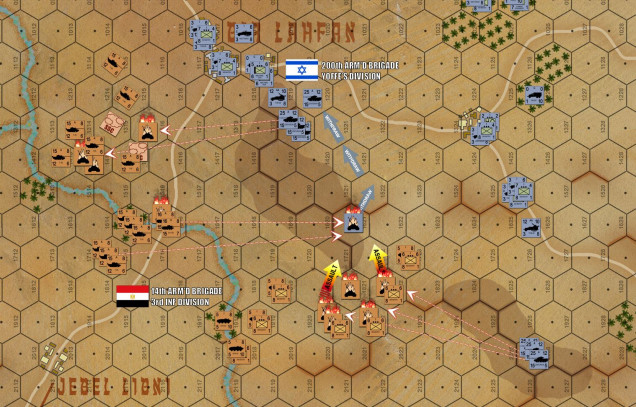 Egyptian infantry is blatantly sacrificed, trying to pin down the Israeli Centurions in the center and south while I use the cover of Bir Lahfan to swing tanks around the north.  I’ve had SOME success in killing Centurions on the high ground, but it’s taking fire phases of 60 tanks and 15 tank destroyers to MAYBE kill one platoon of 5 Centurions.  But of course, I outnumber the Israelis by a tremendous margin.  And one or two lost Centurion platoons could easily destabilize the whole 200th Brigade line.  Welcome to the Arab-Israeli Wars.  