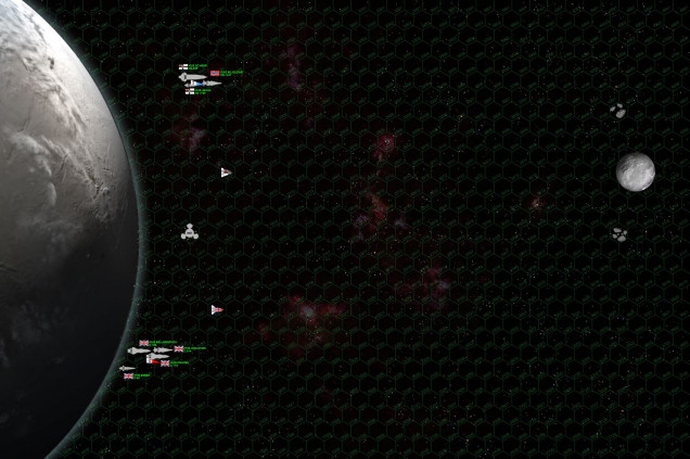 Initial approach.  The Prussians are coming down from the top, the British are coming up from the bottom.  The two fleets are more or less 3250 kilometers apart (a smidge over 2000 miles).  The only ship without a complete line of sight on all enemy vessels is the destroyer HMS Essex, actually tucked beneath the curvature of Eisenwolf.  Everyone else opens fire, though, the light cruiser HMS Inflictor and frigate KMS Jenna taking the worst of it.  Normally at this range, opening volleys aren’t that big of a deal.  But there is a LOT of firepower on this board, made all the more dangerous by upgrades to CIC / Targeting, Gunnery Accuracy, Gunnery Impact, or all of the above.  