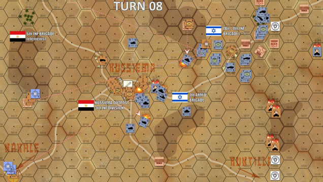 Turn 8:  Critical development here, Israelis now have eyes on the ridge screening Kussiema itself.  Right away they have eyes on the back two objective hexes for off-board Israeli 155mm batteries, including a line of sight on the Egyptian 25-pounders in the backfield.  