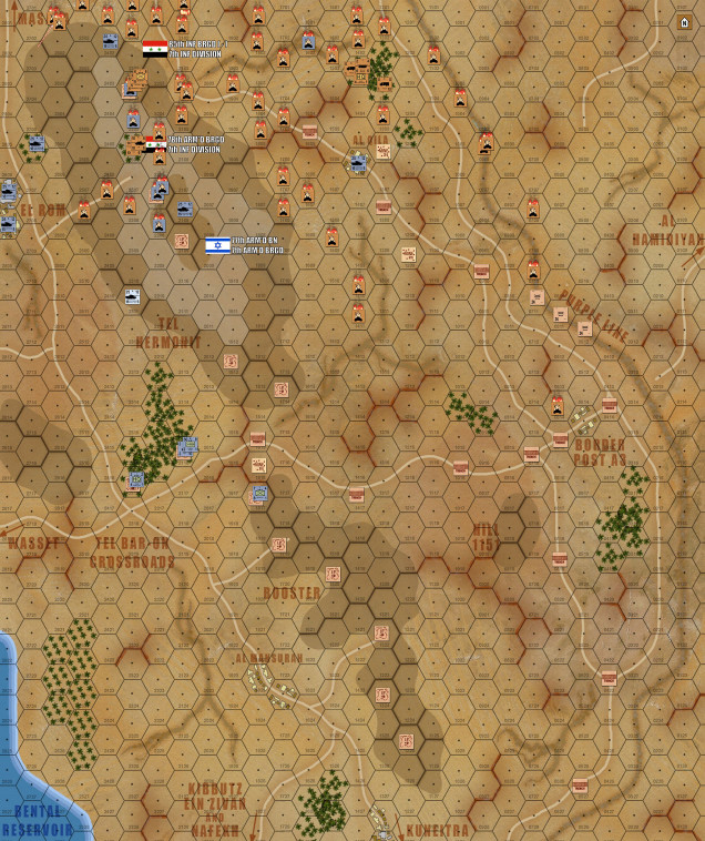 The field of battle after the fight ... 225 Syrian tanks and AFVs are wrecked on the table, along with 25 Israeli Centurions. (A kill ratio of almost 10:1, exactly what we see at the Golan historically).  Also, an Israeli fighter jet burns to the north.  Some Syrian bridges have been thrown over the Purple Line's antitank ditch, along with wrecked armor IN the trench itself.  The Israeli line remains more or less intact, but badly weakened, and again, a reinforced Syrian battalion+ DID get through. 