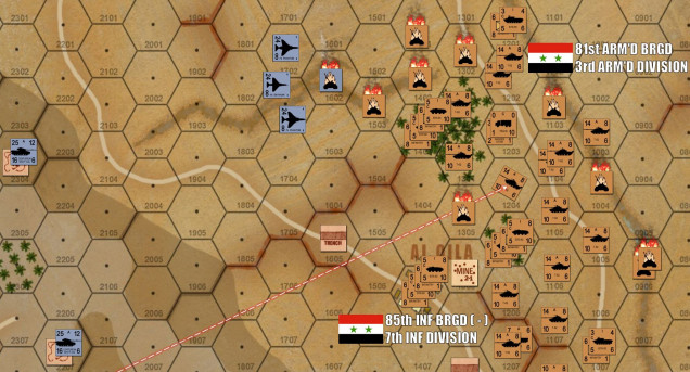 Things get more serious to the north.  Okay, by now Damon has clued in to my intentions.  The way the overall map is laid out, there really is only ONE VIABLE PATH for me to make an operational-scale breakout (the point of the Syrian victory conditions).  I can't swing to the south because the Bental Reservoir blocks my path.  I can't go up the center because he'll collapse both wings on me and butcher me in a crossfire (PRO TIP - in breakthrough games NEVER EVER go up the center).  That leaves only the north, which Damon now realizes ad commits another four IAF fighter bombers to blunt.  This time I put up counterfire (a heavy decision as this counts as opportunity fire, any Syrian unit that uses it will be unable to fire or move NEXT turn).  But it turns out to be worth it, I actually shoot down one F4 Phantom!  BA-BOOM!   
