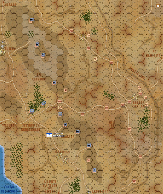 So here is the full map again, only this time with Damon's forty tanks of 77th Armored Battalion, 7th Brigade (Lt. Colonel A. Kahalani) deployed on the Tel Hermonit and Booster Ridge, extending north of Kuneitra along the Purple Line at daybreak, 7 October 1973.  For my money, this is where scaled wargaming (regardless of the medium) really shines.  With enough attention paid to scale, distances, real-life numbers, etc., you can build a board and set up a force, and get an instant 
