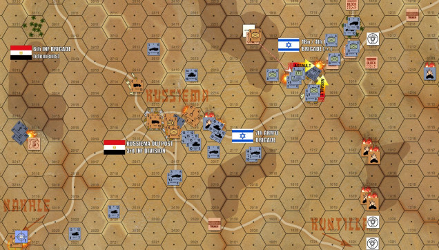 Turn 9: Egyptian artillery is toast, victim of Israeli counterbattery fire from 15 miles away. The objective hex on the Nakhle road has been bombarded as well, but the Egyptian rifle platoon holding his hex has rallied after being pinned.  Meanwhile, Israeli tanks are positively leveling Kussiema in their attempts to blast their way in.  However, thos Czech 107mm recoilless rifles are knocking out occasional AMX 13 platoons or Israeli halftracks,  