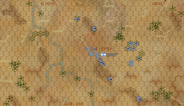 Bar-Am’s Battalion, Shadmi’s Brigade, Yoffe’s Division (reinforced by mechanized infantry in halftracks and some TCM-20 SPAA systems and an M3 mortar carrier) set up and ready to face the Egyptians coming out of the southwest.  Roads lead southwest to Jebel Libni (where the next big  battle is fought by this unit historically enter this afternoon and into the night, reinforced by elements of 7th Brigade), northwest to the coastal rail junction of El Arish, northeast to the crucial Jeradi Pass (Egyptian 7th Infantry Division), and southeast to the huge Egyptian fortification complex of Abu Agheila and Um Katef (2nd Egyptian Infantry Division, where Sharon’s Division is currently engaged in a furious battle).