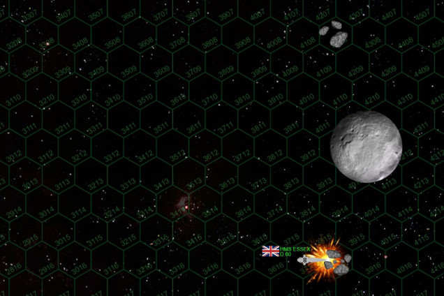 This has not been a bloodless, victory, however.  As we continue to track movement of crippled ships, we find that HMS Essex was on course for an asteroid mining debris field when she was crippled.  The order is given to abandon ship, and HMS Essex is lost forever in a blinding fusion explosion.  Despite the British victory here, HMS Essex is the only permanently lost ship of the day.  