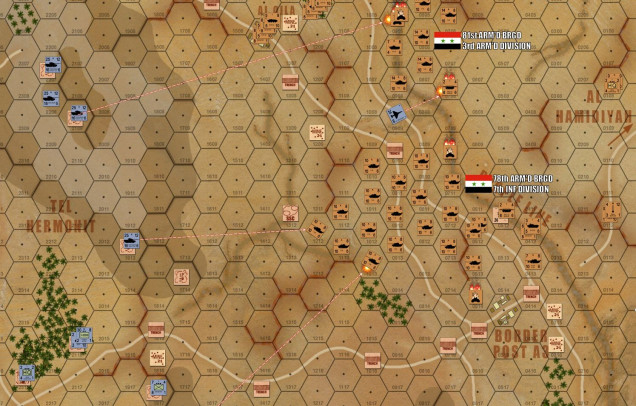 Speaking of killing bridgelayers, the first Israeli fighter-bomber streaks in to take out my poor brirdgelayers attached to 81st Armoured.  Awww!  He's just a bridgelayer!  They barely have guns!  And didn't even shoot at anyone!  He just wants to build his little bridges!  :(
