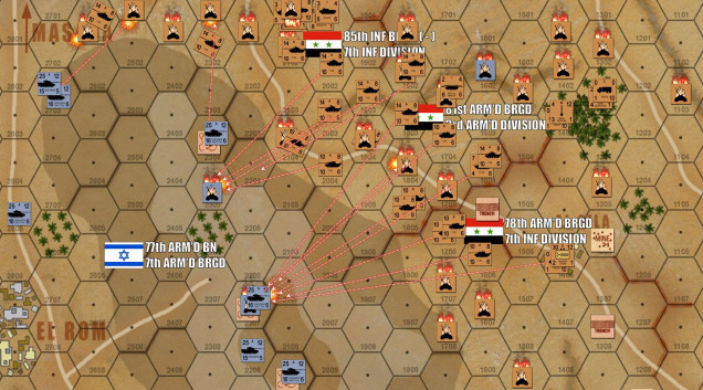 At last, the Syrians open fire.  With lead Syrian elements of 85th Mechanized and 81st Armored just 750 meters from the edge of the table (upper left), Israeli reserves and Damon's redeployed tanks off of Booster Ridge to the south are arriving just in time to seal this possible breach.  Seriously, JUST in time, I was within inches of winning the game right here.  In his haste, though, Damon moved one platoon of Sho't Cals in the open atop t he north shoulder of Tel Hermonit ridge, and T-62s of 81st Armored blew them to kingdom come.  A massive frontal fusillade also opens fire on another of Kahalani's platoons on the top of the ridge, including a hail of dreaded AT-3 