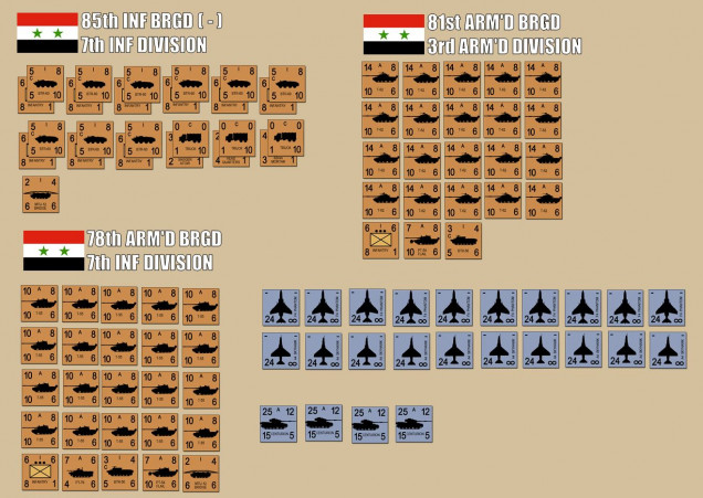 The total Syrian force.  Two full brigades of Soviet-built tanks, 100 T-55s, 100 T-62s, plus support vehicles, a reinforced mech infantry battalion, engineers, Sagger antitank missiles, you name it.  Historically the Syrians also had formidable artillery off-board, but this scenario out of the AIW book doesn't include it so we're leaving it out (I changed the map, that's probably enough alteration to the published scenario already).  Also the Israelis have 20 air strikes ready to go, but I get 2 VP for each air strike Damon feels forced to call in.  A special rule allows for one platoon of standard Sho't Centurions to enter the table (the four along the bottom) on a die roll at the beginning of each Israeli movement phase.
