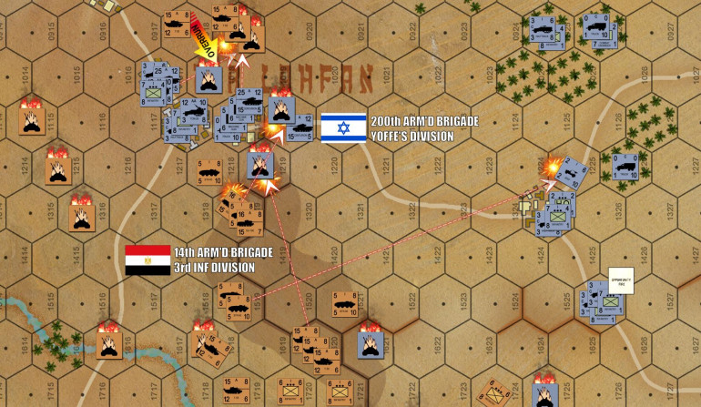 The swing around the north does kind of work, but again, Egyptian losses are simply ghastly.  I shift weight to the other foot, instead shoving straight up the slope, using the SHAPE of that slope to blind some Israeli gunners.  But chugging up that slope is slow going, and we’re on Turn 5 now … which means the sun has come up and Israeli gunners can now see as clearly as I could with IR sights.  More Centurions are burning, however, along with some Israeli halftracks and TCM-20 SPAA mounts (also on WW2 surplus halftracks).