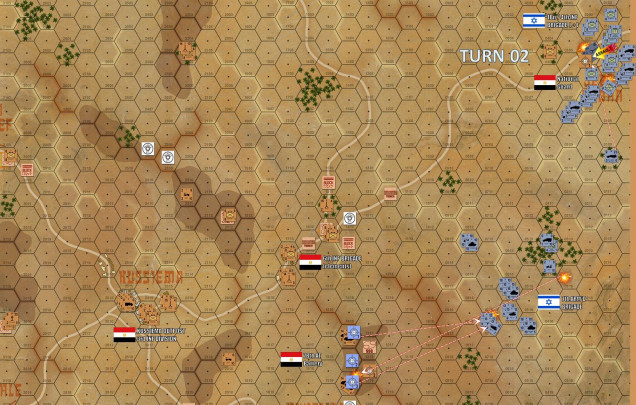 Turn 2 - the Israeli 7th Armored Brigade is now close enough with those loooong-ranged 75mm French AMX-13 guns to engage the Egyptian Archer tank destroyers on that southwestern ridge. Israeli tanks are also calling barrages from their off board 155mm howitzer batteries.  Those shells will arrive next turn. Meanwhile, the assault into Jebel Sabha continues.  