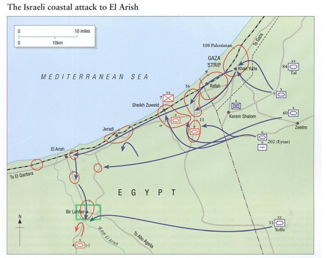 The battle on the table was the Battle of Bir Lahfan, fought primarily in the wee hours of the morning of June 6, 1967.  Sneaking between heavily entrenched Egyptian fortification complexes, leading elements of Yoffe’s 31st Division have now taken the Sinai crossroads at Bir Lahfan.  They are thus astride Egyptian communication and transport routes between fortified areas of Rafah to the north, and Abu Agheila to the south.  As Egyptian reinforcements try to respond to either threatened sector (under attack from Tal’s Division and Sharon’s Division, respectively), they will now run into 200th Armored Brigade.  They Egyptians organize a night attack by the 2nd Armored Brigade (T-55s), plus mechanized infantry if the 18th Mechanized Brigade (BTR-60 troop carriers) in hideous numbers.  The attack will come around 0300-0400 hours on the morning of 6 June.  The Israeli battalion here has called in air strikes, but they will not arrive until the run comes up.  Also, heavy reinforcements are approaching from the north (7th Armored Brigade, Tal’s Division) from the Jeradi Pass and the coastal town of El Arish.   But they won’t arrive until noon.  For most of this game on the table, the lead battalion (Lt. Col. Abraham Bar-Am) of 200th Brigade (Col  Aluf Mishne Shadmi) will be on their own.   GREEN RECTANGLE shows the scaled and measured size of our700-hex AIW table (with I” hexes = 1:10,000 scale, 250 meters / hex). 