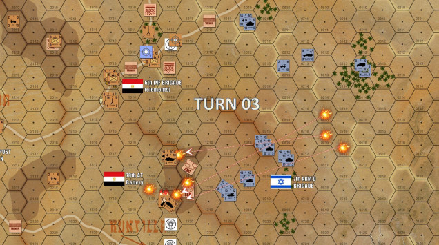 Turn 3 - in the north, the Israelis have had eyes on the next objective hex (two platoons of M1 Shermans spotting those eastern town hexes of Kussiema) and call in Turn 3 artillery missions that will impact on Turn 4.  Meanwhile, Israeli artillery on 