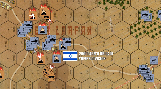 Giving up on the southern and central ridges, the Israeli Centurions condense their defense on the crossroads of Bir Lahfan itself.  In so doing, they more or less smash my northern arm.  That’s the bad news.  The good news is that my remaining T-55s, SU-100s, and even BTR-60s now have the high ground and the Israelis are no longer getting +2 DRM on all my fire coming at them because of hull-down shielding.  In fact, I’M getting the +2 DRM for my SU-100s, which Damon keeps dispersing but never quite killing.   Meanwhile, I’m dying fast everywhere else, but still inflicting casualties.  One thing’s for sure, Damon’s paying  a much steeper butcher’s bill for this defense than Bar-Am’s Battalion did historically.