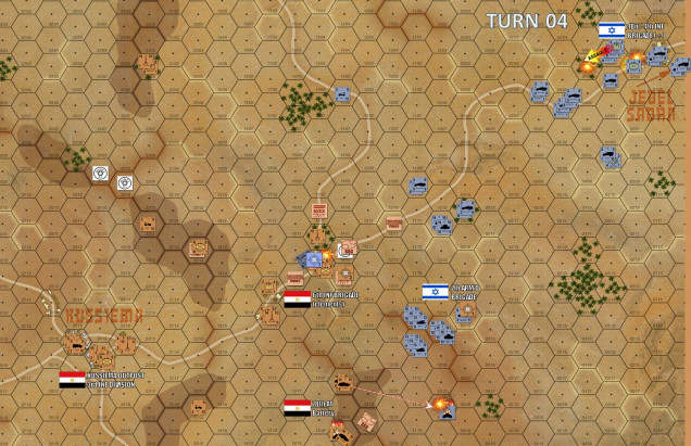 Turn 4 - Jebel Sabha is finally taken.  The difference here is is that while the infantry were left behind to grind down Egyptian resistance in this border town, Israeli tanks and halftracks were swinging around this obstacle to simultaneously attack other objectives at the same time.  For instance, 7th Armored has more or less suppressed Archer Ridge and is now threatening Kussiema East from the southeast.  First Israeli artillery missions have landed on these hexes and started burning down Egyptian infantry platoons dug in on that crossroads objective hex.