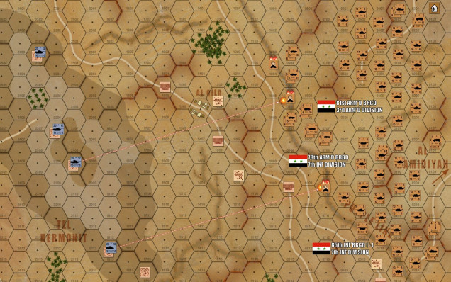 Turn one, and first blood is drawn!  Under a massive pall of sand and dust, almost 300 Syrian AFVs roll toward the Purple Line (cease-fire line between Syria and Israeli-occupied Golan Heights).  But at the range of 12 hexes (3000 meters), Damon's Sho't Cals have already opened fire and scored the first kills, as the Syrian armor pushes through the antitank ditch dug along the 1967 cease-fire line.