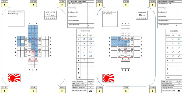 Bridge hits have also crippled both Japanese Akashi-class frigates.  You can see how fast these little ships go down.  They're cheap and cheerful, though, and can bring a stinging punch to the game if used with numbers and imagination.  Just don't get too attached.  :D   