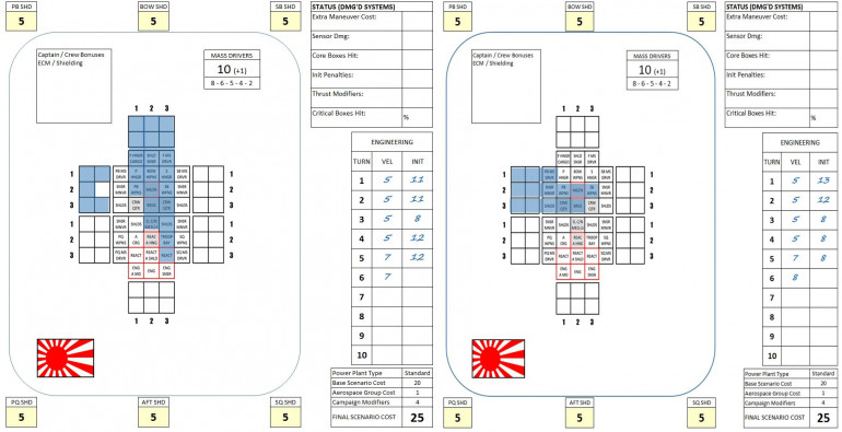 Bridge hits have also crippled both Japanese Akashi-class frigates.  You can see how fast these little ships go down.  They're cheap and cheerful, though, and can bring a stinging punch to the game if used with numbers and imagination.  Just don't get too attached.  :D   