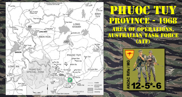 Some quick context.  The Australian Task Force (ATF) spent most of the Vietnam War in this Phuoc Tuy Province, with particularly savage battles around Long Dien and the Lonh Hai Hills.  This is one of the few areas where the Viet Cong attacked the ATF instead of vice versa, so I picked this area since I usually like to let new players to a system take defense (attack or assault missions are actually much harder in most systems).