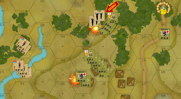 My gambit to the north has decisively failed.  Not only did Australian opportunity fire largely shatter Tong's platoon (due in part to timely use of Australian grenades) but Lt. Badcoe is now leading a counter-assault southwest against the survivors.  When a successful assault is carried out against NVA / VC units, each fireteam or officer is converted into a POW counter.  If Elessar can evacuate these POWs safely, they are worth 3 VP for him instead of the usual 1 for eliminated insurgents.  For narrative purposes, this would be especially true since one of those POWs was Lt. Tong.  VC officers are particularly prized by intelligence officers back at battalion or regiment HQ.