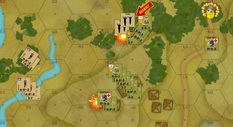 My gambit to the north has decisively failed.  Not only did Australian opportunity fire largely shatter Tong's platoon (due in part to timely use of Australian grenades) but Lt. Badcoe is now leading a counter-assault southwest against the survivors.  When a successful assault is carried out against NVA / VC units, each fireteam or officer is converted into a POW counter.  If Elessar can evacuate these POWs safely, they are worth 3 VP for him instead of the usual 1 for eliminated insurgents.  For narrative purposes, this would be especially true since one of those POWs was Lt. Tong.  VC officers are particularly prized by intelligence officers back at battalion or regiment HQ.