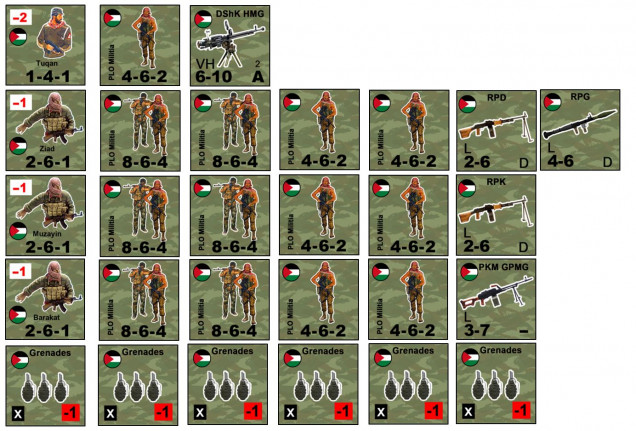 The PLO force.  They have a commander and three lieutenants, with three platoons (each of which have two full squads and two half squads, plus a mix of PKM, RPD, and RPK machine guns and RPG-7 rockets).  There’s also a four-man gunner team with a Soviet-made DShK 12.7mm heavy machine gun, and a supply of grenades.  In all, 80 guerillas.