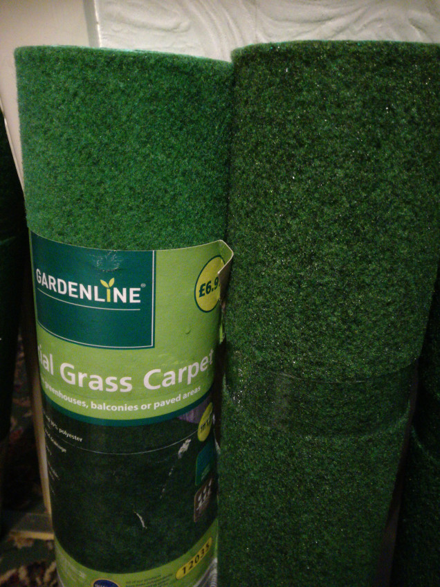 £6.99 from aldi, Artificial grass carpet. Comes in 1m x 2m and available in green and dark green. 