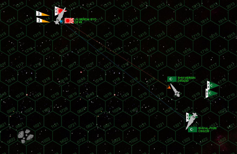 Now standing alone, Sendai Byo reverses course and sets up another broadside on the destroyer Mersin.  The more lightly-armed Al-Fihri tries to respond with a broadside, but the destroyer Mersin can't quite get out of the way and takes another hammering from Japanese EPCs and lasers.  Meanwhile, Arab League bombers and fighters race back to the Al-Fihri, hoping to land to re-arm and perhaps launch another missile and torpedo strike. 