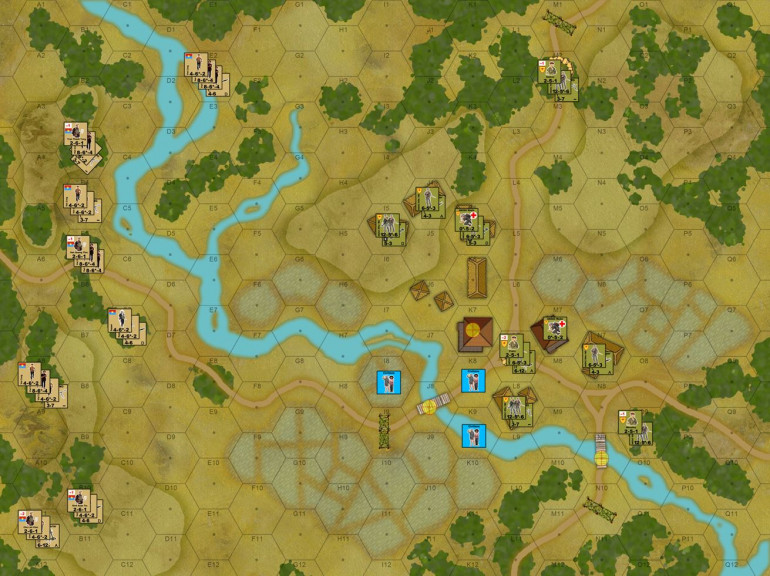 Here is a zoom out of the overall map.  NLF forces can attack from anywhere along the western, southern, or northern edges of the map.  I quickly take the western two objective hexes (wooded high ground overlooking the village, vital for future artillery or rocket attacks).  Civilian groups move randomly at the beginning of each movement phase.  