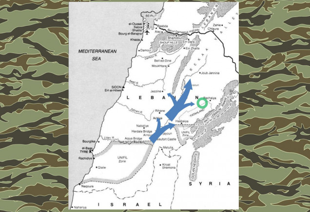 Here’s some quick background and context.  One of Israeli’s invasion routes into Lebanon in 1982 was along the southeast-to-northeast axis of the “Bekka Valley.”  The primary objective of this drive was to protect the flank of the frontal drive along the Lebanese coast toward Beirut, and to cut off in the interior of Lebanon from intervention from Syria (there nevertheless were some pretty serious tank and mechanized engagements in the Bekka Valley between IDF Merkava-1s and Syrian T-72s).  But as this drive pushed up the Bekka Valley, infantry and support detachments fan out along either flank to clear out PLO enclaves.  The green circle shows roughly where this one will take place.