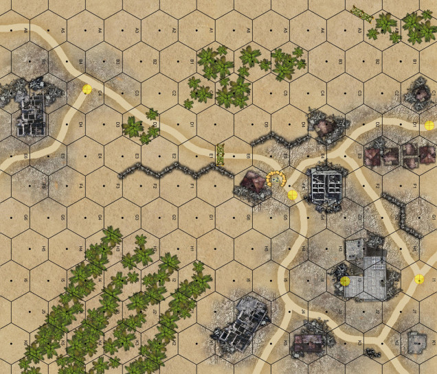 Here’s the game map.  Yellow “target” markers indicate objective hexes.  The Israelis must take at least three of these five by the end of Turn 6.  The Israelis will be entering from the west, PLO can set up pretty much wherever they want.  The objective hexes show key road junctions and access off the east end of the table, as well as the largest (tallest) building on the map, marked as an objective hex because it offers commanding fields of view across much of the surrounding countryside.  Put more simply, the Israelis are coming on from the west, and have to take at least the majority of the access off the east edge of the board (to facilitate larger company-battalion level advance further east toward the Syrian border).