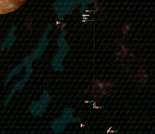 This is the end of Turn 3, both sides are being very reluctant to close quickly, hoping to ping away at least one of each others' destroyers or frigates before closing to gunnery range.  Note the clouds of ionized particles (blasted off the planetismal by the freakishly powerful solar wind here) provide -1 to enemy to hit rolls if they have to shoot into or through at least one hex of clouds. 