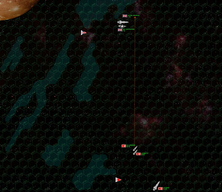 This is the end of Turn 3, both sides are being very reluctant to close quickly, hoping to ping away at least one of each others' destroyers or frigates before closing to gunnery range.  Note the clouds of ionized particles (blasted off the planetismal by the freakishly powerful solar wind here) provide -1 to enemy to hit rolls if they have to shoot into or through at least one hex of clouds. 