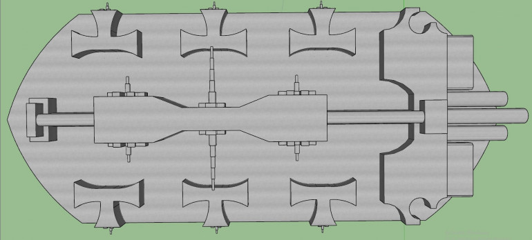 One Von Henk Class Heavy Cruiser Leads the Fleet. It's Name is Unknown. While it's a slightly older build it is no less fearsome with Six Massive Guns mounted on a sliding Central Block that can shift away from the direction of travel for an instant and allows the ships targeting computers to get a more precises readout before the salvo is unleashed.  It's Officially Retired but it Seems some of them are Still Active.