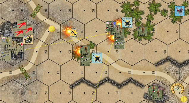 My airstrikes don’t do that much.  They do paste that first RPG team, but the second one misses PLO leader Muzayin (valorous).  My planned mortar strike completely drifts off target, and in fact falls short and damned near hits my own position (intended for hex C1, landed in C3).  Meanwhile, Lt. Gandelev desperately pours fire down on Muzayin’s postion, later in the “Advance and Assault” phase I will belly crawl northeast one hex to get that medic into the hex with the casualties.  This will get at least one casualty off the table, and I’ll have troops to defend the others.