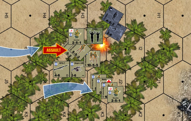 A close-up of the Lt. Amichai’s assault in the south.  Again, PLO opportunity fire thankfully missed.  I won the assault (quite easy, I had 17 men assaulting just 4, plus I  had an officer and invested one of my grenade counters), but even a successful assault means I have to “pay” three casualty points (one for the PLO RPG team and two for the +2 woods cover bonus).  I elected to pin three units, two of the 5-5-2 fireteams and my 10-5-4 full squad.  The squad rallied, but the two fireteams did not.  Essentially, when paying required casualty points, the game allows players to, as commanders, be cautious when they can afford it (pin more of your men, keeping casualties down) or ball-out when they have to me (accept casualties, but on fewer units, leaving other units in the stack ready for immediate action such as to repel anticipated counter-assaults).  Meanwhile, a successful assault on insurgents yields me a POW counter, worth extra VP if I can evacuate him off the table.  