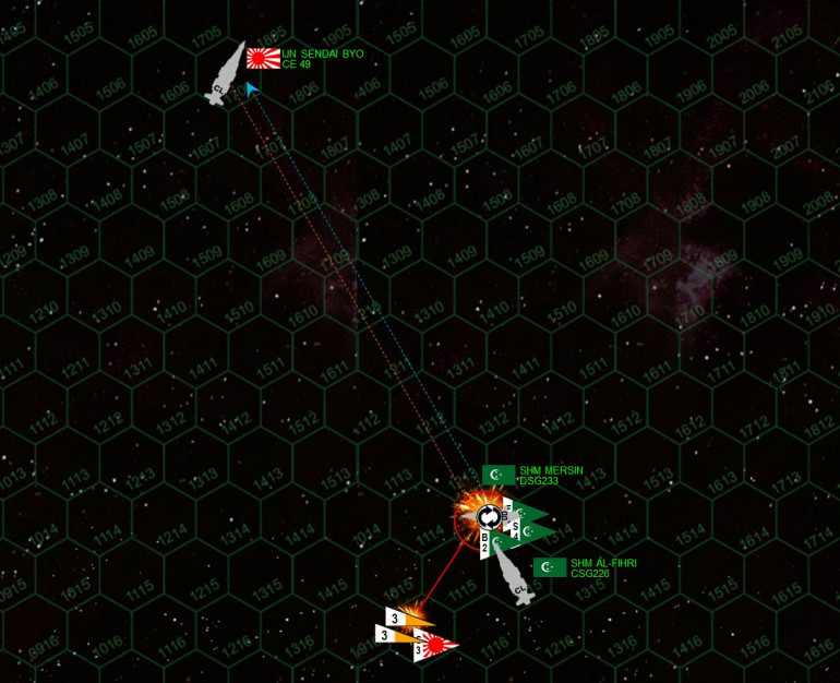 Another Japanese torpedo strike is fended off, barely, and Japanese scouts are shot down as well trying to make a gunnery run or shoot down Arab League bombers as they try to land on the Al Fihri.  Nevertheless, another pin-point accurate broadside from the Sendai Byo leaves the destroyer Mersin crippled and adrift in space. 