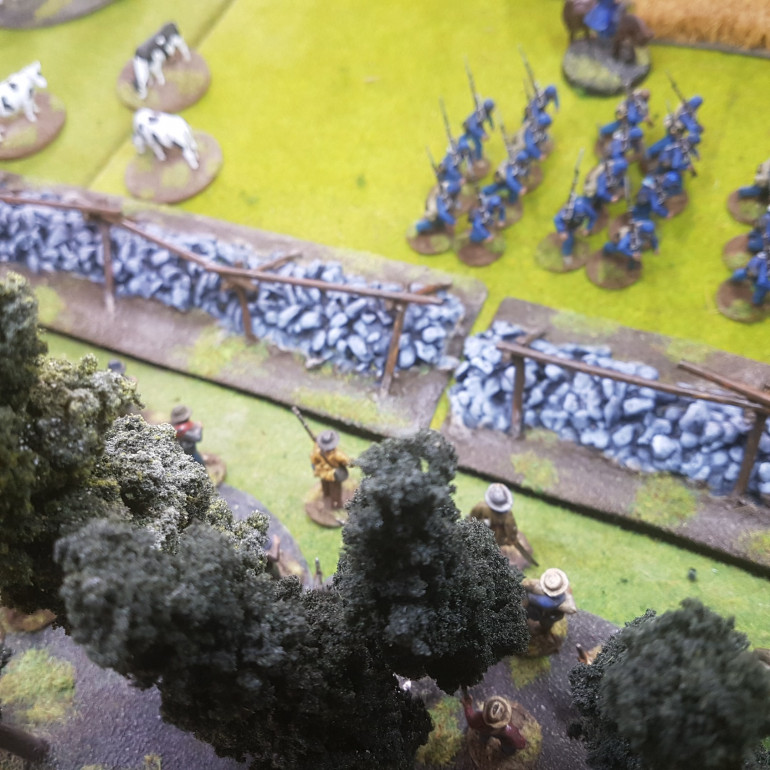Captain Hillsborough's Militia out of the Tree's but their Wet Powder Makes them far from Useful. 