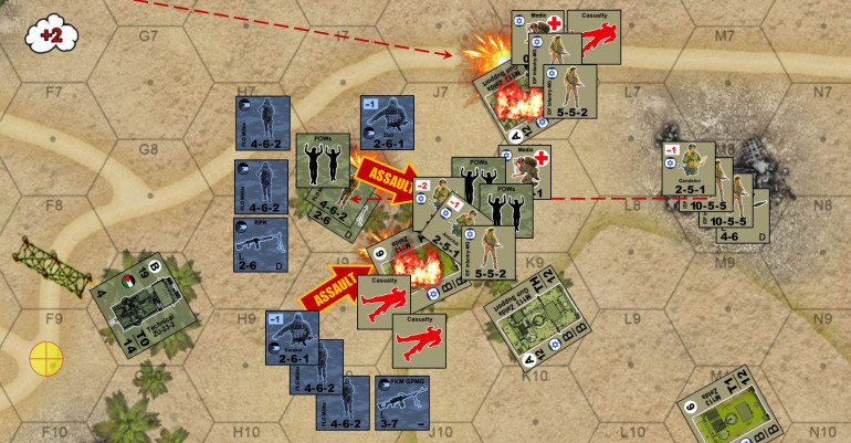 As you can see, certain spots of this game got hairy in a big hurry!  This doesn't even count the two F-16 strikes (okay, they mostly missed) but the two AH-1 Cobra strikes were dead on the money, not to mention that pickle-barrel mortar round that saved not only the crew of the lead M113 killed in the open (by opening Palestinian RPG round), but also the infantry team that tried to save those casualties (and became casualties themselves!)
