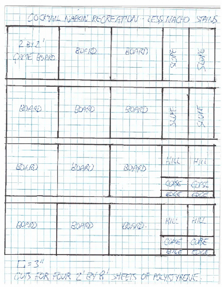 Tentative plan to turn four sheets of polystyrene insulation into twelve battle boards and scatter terrain.