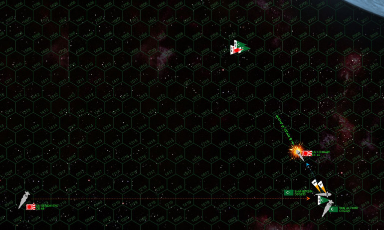 It's not until Turn 3 that things start to get nasty.  Rasmus commits the Urakaze strike frigate on a high speed, close-range gunnery run with her deadly little plasma projectors, along with Ki-45 