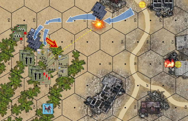 At the beginning of Turn 3, Lt. Armichai’s platoon immediately takes PLO cell leader Zaid prisoner, then pours down firepower on PLO leader Muzayin’s position in the north (the one who’s earned “valorous” on Turn 1).  In the after action phase, Armichai and his men start furiously evacuating casualties (medics can evacuate one casualty marker per turn automatically, other units have to make a pretty tough roll, assisted by Armichai’s leadership bonus).  Suffice it to say Armichai’s platoon isn’t going anywhere any time soon (busy processing prisoners, CASEVACing wounded, and pouring down cover fire for Lt. Gandelev’s platoon up north).  Elessar2590 sees this and decides to go for another lucky assault on his Turn 3.  I get opp fire, but I have no grenades left with which to repel the assault.  Luckily for me, this assault is weaker, and Armichai’s platoon actually has more support weapons (point blank Negev and RPG fire). This time the assault is repelled, and I actually wind up with some more prisoners.  