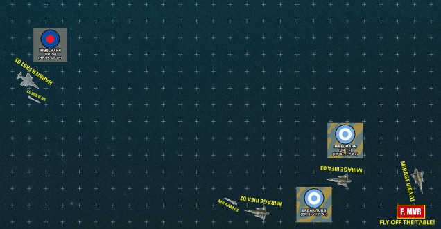 Lead Sea Harrier finally starts to get his shit together, accelerating full-power and executing an Immelman maneuver, doubling back to face the Mirages.  The third Mirage actually goofs a little here and after failing a maneuver check, actually flies off the table and inadvertently disengages.  Sea Harrier 01 gets a lock and looses a Sidewinder.  Both Mirage 02 and 03 would love to shoot back, but their R.550 Magic IR SRAAMs can only lock on from BEHIND their target.  Their longer-ranged (but less accurate) R.550 Mystra SAHR missiles can get a lock from any aspect angle, but they must use the Mirage's onboard radar for that, which isn't great.  Only one gets a lock, and fires.