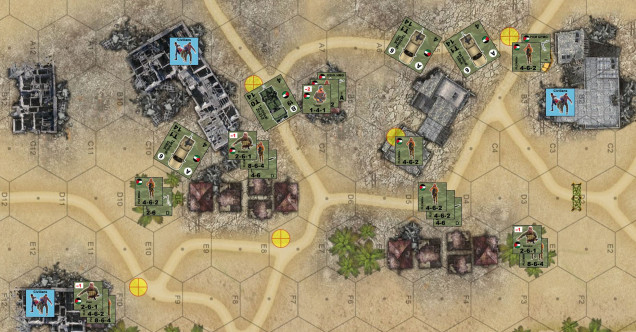 The PLO sets up on defense.  They're hidden out of initial lines of sight, hoping to deny the Israelis any easy free kills with off-board mortars or their one helicopter gunship strike.  Also keep an eye on those civilian counters.  Neither side really controlls them, but they can definitely be used to the PLO player's advantage.